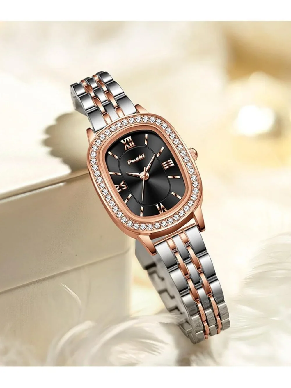 Women's Rose Gold-Black Waterproof Dainty Diamond Oval Analog Luxury Watches